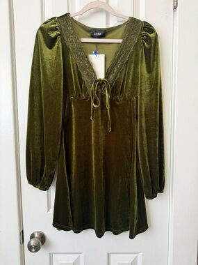 Cider Olive Lace-Trim Velvet Tie-Neck Top
